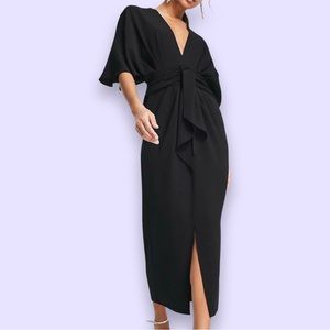 Batwing Plunge Neck Tie Front Midi Dress